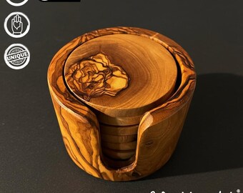 Lot De 6 Sous-verres En Bois D'olivier Avec Support - Occasion Très Bon état