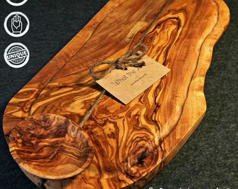 What the Art!® Olive Wood «Big Rustic» XL | Olive wood cutting chopping board + dip bowl + gift | approx. 50-53 x 20-26 x 2 cm