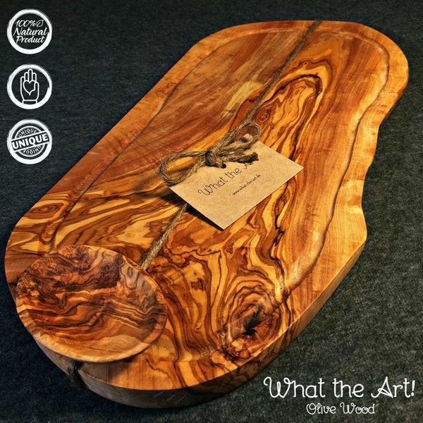 What the Art!® Olive Wood «Big Rustic» Gr. XL | Olivenholz Schneide- & Servierbrett + Dip-Schälchen | Handarbeit | ca. 50-53 x 20-26 cm