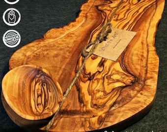 What the Art!® Olive Wood «Big Rustic» L | Planche à Découper en Bois d'Olivier + Bol + Cadeau | env. 46-49 x 20-26 x 2 cm