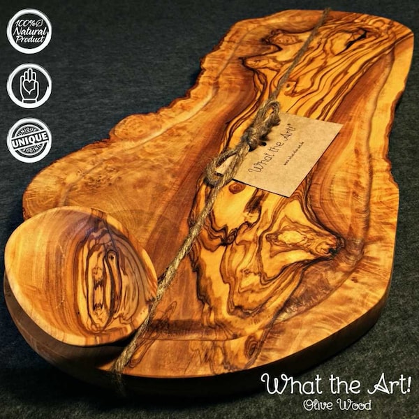 What the Art!® Madera de Olivo tamaño «Gran Rústico». L | Tabla para cortar y servir de madera de olivo + cuenco para salsa | Hecho a mano | aprox.46-49x20-26 cm