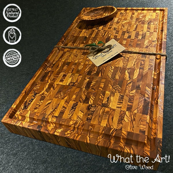 What the Art!® Olive Wood «The Mosaic Block» | Olive Wood Cutting Chopping Board + Dip Bowl + Gift | (52 x 30 cm) & (60 x 30 cm)