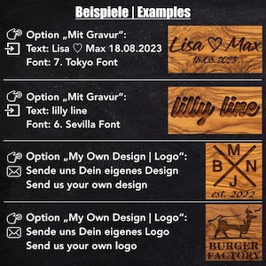 K&ouml;nnte beinhalten: Beispiele f&uuml;r gravierte Holzartikel mit individuellem Text und Logos. Die Beispiele umfassen Namen, Daten und Logos f&uuml;r Burger Factory und andere Marken. Der Text ist in verschiedenen Schriftarten, darunter Tokyo und Sevilla.