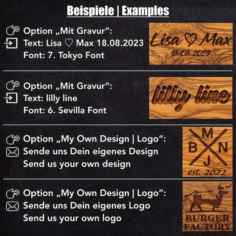 K&ouml;nnte beinhalten: Beispiele f&uuml;r gravierte Holzartikel mit individuellem Text und Logos. Die Beispiele umfassen Namen, Daten und Logos f&uuml;r Burger Factory und andere Marken. Der Text ist in verschiedenen Schriftarten, darunter Tokyo und Sevilla.