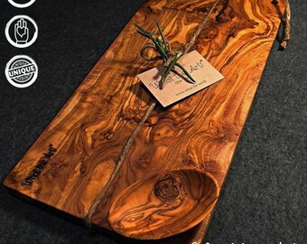 What the Art!® Olive Wood «Karo» XL | Olive wood cutting chopping board + dip bowl + gift | 40 x 18 x 2 cm