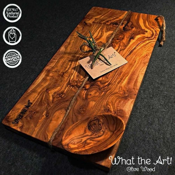 What the Art!® Olive Wood «Karo» XL | Planche à découper en bois d'olivier + bol + cadeau | 40 x 18 x 2 cm