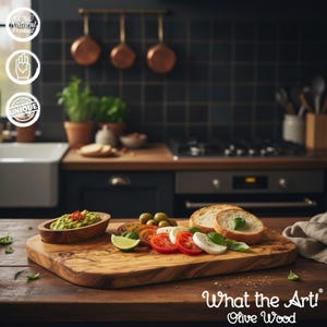 Op de afbeelding: Een houten snijplank met gesneden tomaten, mozzarella, brood en olijven. Een kleine houten kom bevat guacamole. Op de plank staat "What the Art! Olive Wood". De achtergrond toont een keuken.