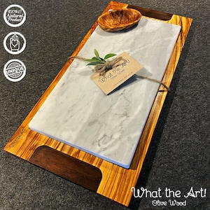 WTA!® Olive Wood «Pietra» | Olive wood serving board + marble platter + dip bowl | Handmade | Board, wooden board, cheese board, rustic, solid