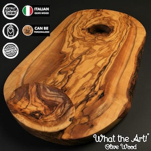 WTA!® Olive Wood «Rustic» | Olivenholz Schneidebrett Servierbrett + Dip Schälchen | Handgemacht | Brett Holzbrett Käsebrett Saftrille Massiv