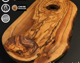 WTA!® Olive Wood «Rustic» | Olivenholz Schneidebrett Servierbrett + Dip Schälchen | Handgemacht | Brett Holzbrett Käsebrett Saftrille Massiv