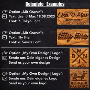 Op de afbeelding: Voorbeelden van gegraveerde houten items met aangepaste tekst en logo's. De voorbeelden bevatten namen, data en logo's voor Burger Factory en andere merken. De tekst is in verschillende lettertypen, waaronder Tokyo en Sevilla.