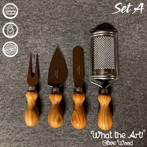 WTA!® Olive Wood «Normandie Set» | Olive wood cheese knife, cheese fork, spreader, and cheese grater | Handmade | Cheese cutlery with wooden handle and stainless steel