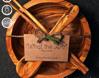 What the Art!® Olive Wood "Buddha Bowl Tokyo" | Olive wood bowl + spoon + chopsticks + gift | approx. Ø 14-15 cm & 16-17 cm