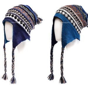 Hat Reversible with Earflaps 2 colors in 1 blue & cobalt, Unisex hat 100% Baby Alpaca Fine, Ear flaps hat, Chullo Beanie Earflap, winter hat