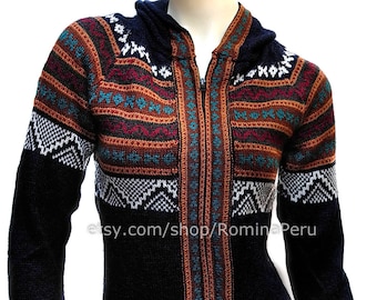 Alpaka Strickjacke Reißverschluss Kapuze schwarz, Alpaka Hoodie Damen Ethno, Pullover Boho, Pullover Reißverschluss Alpaka, Alpaka-Pullover