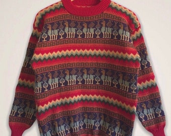 Alpaca sweater Red Crewneck Llama figures, Unisex alpaca sweater cardigan, Alpaca wool pullover sweater