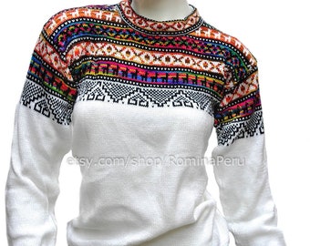 Sweater white rainbow, crew neck sweater alpaca, sweater women, crewneck fashion pullover, peruvian alpaca cardigan, ethnic sweater bohemian