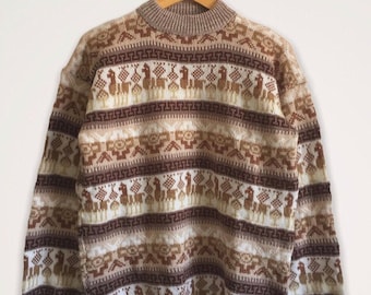 Crewneck Beige Alpaca Sweater Womens, Crew Neck Sweater Pattern Inka, Alpaca wool pullover sweater Men