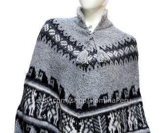 Poncho péruvien gris, poncho en alpaga pour femmes, cape en poncho en laine d'alpaga péruvien très doux, poncho en alpaga pour femmes