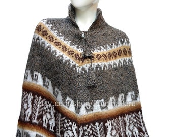 Poncho péruvien marron, poncho en alpaga pour femmes, cape en poncho en laine d'alpaga péruvien très doux, poncho en alpaga pour femmes