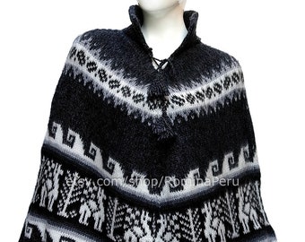 Poncho péruvien noir, poncho en alpaga pour femmes, cape en poncho en laine d'alpaga péruvien très doux, poncho en alpaga pour femmes