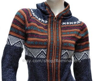 Alpaka Strickjacke Reißverschluss Kapuze blau, Alpaka Hoodie Damen Ethno, Pullover Boho, Alpaka Pullover, Reißverschluss Pullover Alpaka