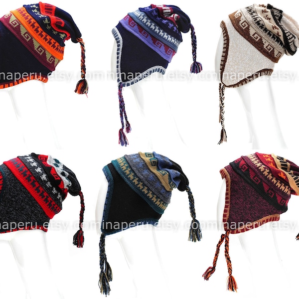Cappello di alpaca unisex peruviano di lusso con fodera 100% paraorecchie, berretto Chullo con fodera in pile, berretto da paraorecchie