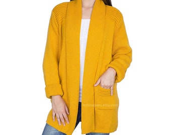 Yellow cardigan long alpaca wool women - sweater warm woft & thick - 100% alpaca sweater, Women Long Knit Cardigan, MADE IN PERU