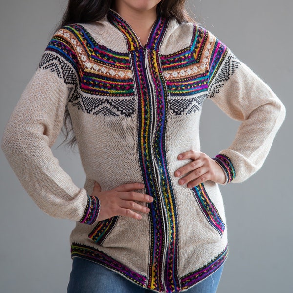 Gilet en alpaga à capuche zippé BEIGE Rainbow, chandail en alpaga péruvien, pull à glissière Pull en alpaga, pull ethno boho, capuche Womens