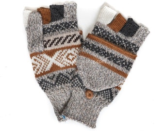 Beige Gloves Alpaca Hand Knit Convertible Mitten, Alpaca Handknit Glittens, Wool Alpaca Fine Fingerless Gloves