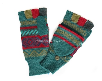 Turquoise Convertible Mittens Baby Alpaca, Exposed Finger Thickening Alpaca Wool Gloves Winter, Mittens Half-finger Gloves