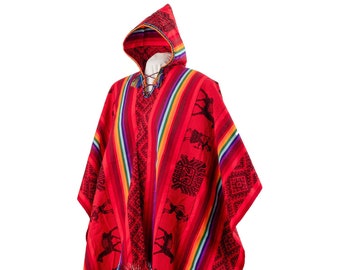 Hooded Peruvian Poncho RED, Peruvian traditional wool blend poncho, poncho bohemian, ethnic poncho wool, Sacred Valley Ponchos