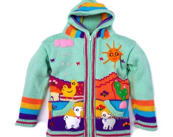 Children's Cardigan Mint Unisex, Hooded Sweaters Knitted Kids, jacket toddler hoodies, Sweaters with embroidered details