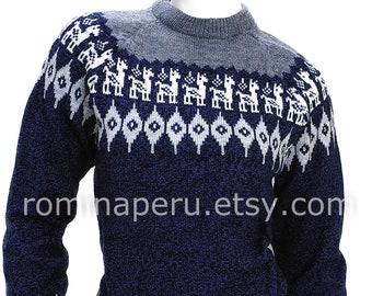 Alpaca sweater unisex blue navy, crew neck sweater, ethnic women's sweaters vintage, crewneck fashion pullover, alpaca wool pullover