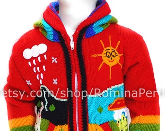 Children's cardigan Red Kids hooded sweater knitted, jacket toddler hoodies, Peruvian kids wool sweater with hand embroidered details