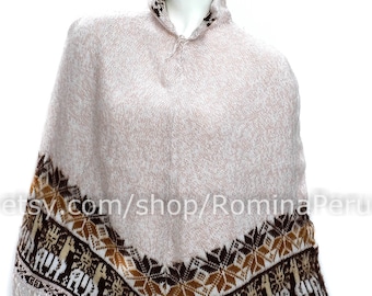 Etnische Poncho peruviaans beige, poncho dames alpaca, poncho cape top zeer zacht, gebreide alpaca poncho, Boliviaanse poncho etnische