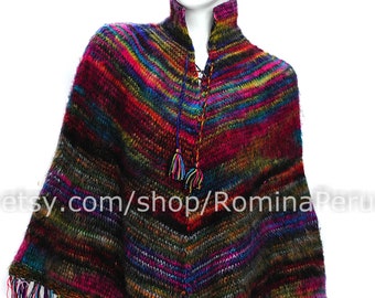 Poncho peruano alpaca colorida, poncho de lana para mujer, poncho de lana de alpaca peruano capa superior suave, poncho de alpaca para mujer, suéter de alpaca