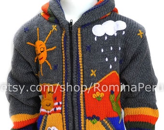 Children's cardigan GRAY Kids hooded sweater knitted, jacket toddler hoodies, Peruvian kids wool sweater with hand embroidered details