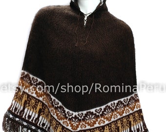 Poncho péruvien BROWN, poncho alpaga féminin, ethnique poncho alpaga, cape de poncho en laine alpaga péruvienne très doux, pull alpaca