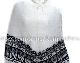 Ethnic Poncho peruvian white, poncho women's alpaca,  poncho cape top very soft, knitted alpaca poncho, bolivian poncho, poncho ethnic llama