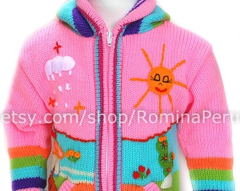 Children's cardigan PINK Kids hooded sweater knitted, jacket toddler hoodies, Peruvian kids wool sweater with hand embroidered details