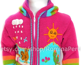 Cardigan pour enfants fuchsia Pull à capuche pour enfants tricoté, veste à capuchon pour tout-petit, pull pour enfant avec détails brodés