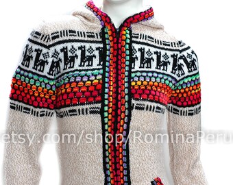 Beige cardigan alpaca zipper and hood with details colorful, pullover zipper, sweater alpaca, ethno sweater boho, Hoodie women, jacket wool