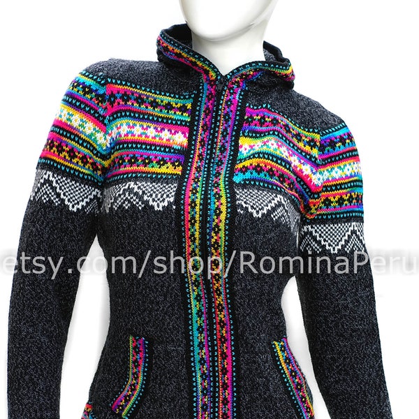 Gilet en alpaga à capuche avec fermeture éclair gris, arc-en-ciel, pull zippé en alpaga, pull en alpaga péruvien, pull ethno boho