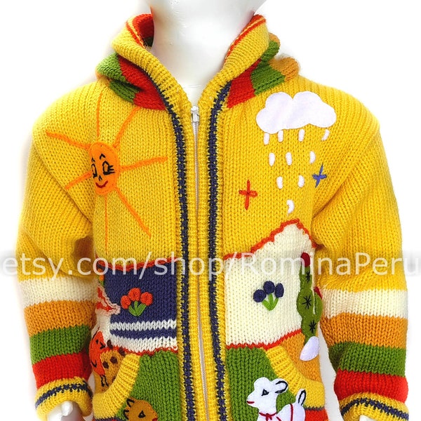 Cardigan pour enfants Jaune Pull à capuchon pour enfants tricoté, Veste enfant à capuche, Pull pour enfant péruvien avec détails brodés