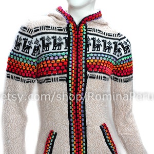 Beige cardigan alpaca zipper and hood with details colorful, pullover zipper, sweater alpaca, ethno sweater boho, Hoodie women, jacket wool