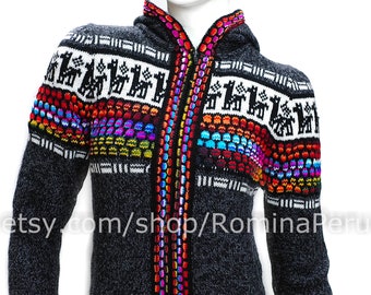 Alpaca cardigan gray zipper hood details colorful, pullover zipper, sweater alpaca peruvian, ethno sweater boho, Hoodie women, jacket wool