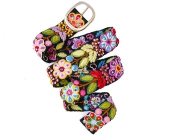 Embroidered belt floral black colorful, wool embroidered belt, floral ethnic belt, gifts for her, hand embroidered belt colorful