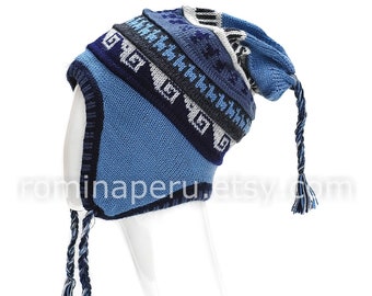 Unisex alpaca hat blue PREMIUM with Earflaps 100% Lining, chullo beanie with fleece lining, earflap beanie peruvian, winter Ear flaps hat