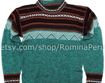 Unisex green turquoise alpaca sweater, crew neck sweater, crewneck fashion pullover, ethnic sweater boho, women's sweater peruvian, gif her